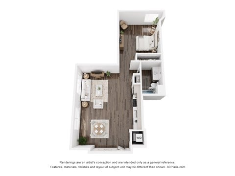 Floor plan for 1 bed, 1 bath, 657 sqft
